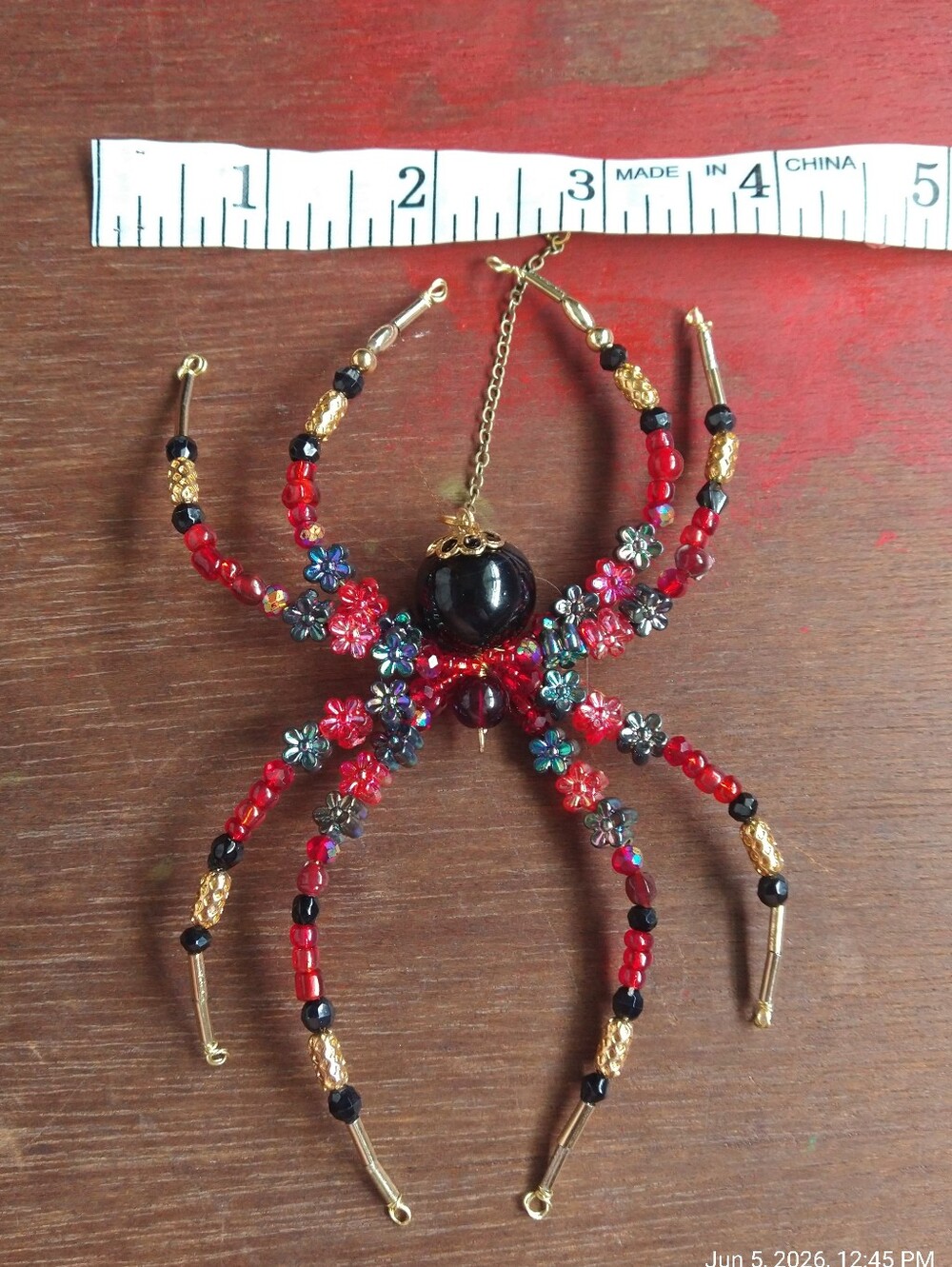 Hand Crafted • Red & Black Floral Beaded Spider Pendant - Picture 5 of 16